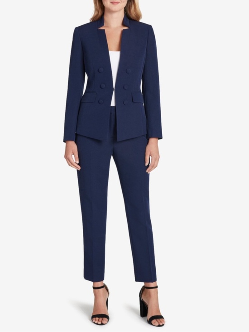 Tahari ASL Navy Pantsuit Double-Breasted Blazer and Tapered Pants